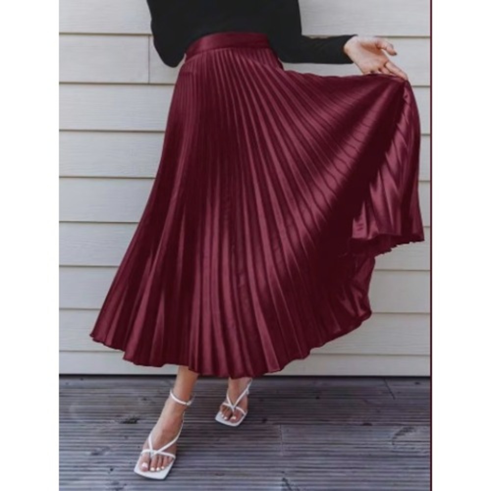 NEW Abercrombie & Fitch Pleated Midi Skirt Women's Large Plum Wine Satin